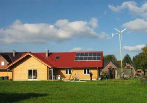 Houses can use solar and wind power to charge batteries for use in power outages